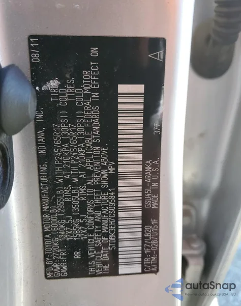 2012 Toyota Highlander Base z USA, uszkodzony, nr VIN 5TDBK3EH7CS095841